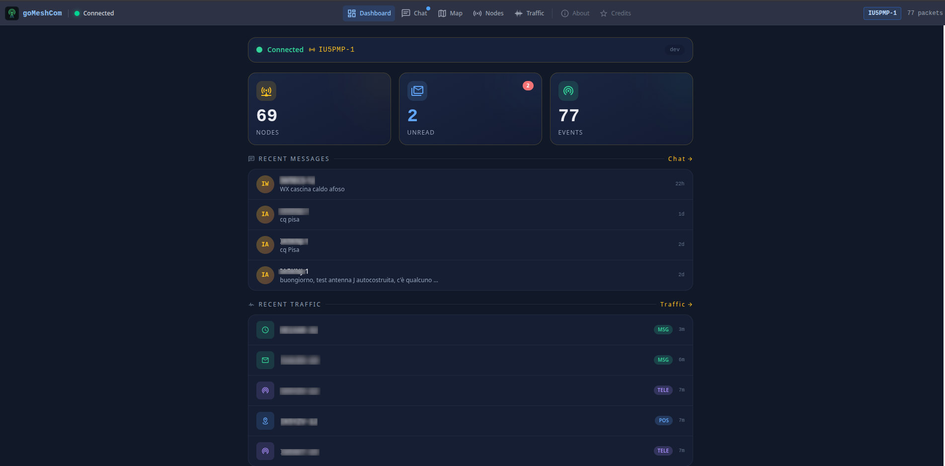 gomeshcom-client dashboard with connection, node, message, and event summaries